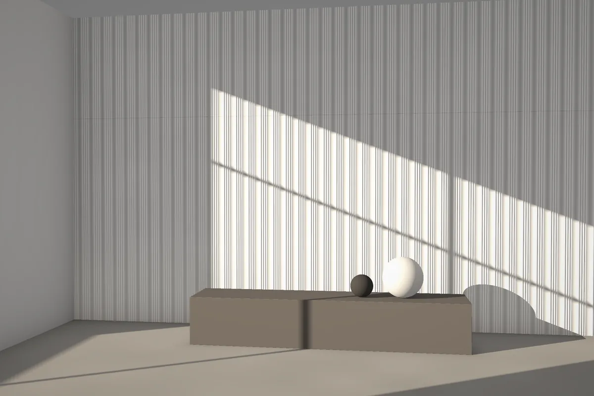 Cove Reed fluted stone wall cladding on a feature wall in daylight, visualised in white marble