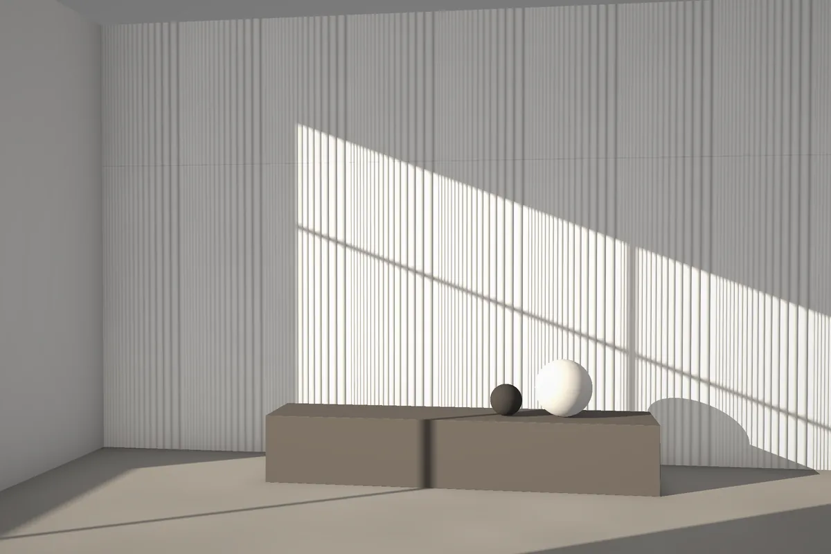 Tidal Flow fluted stone wall cladding on a feature wall in daylight, visualised in white marble