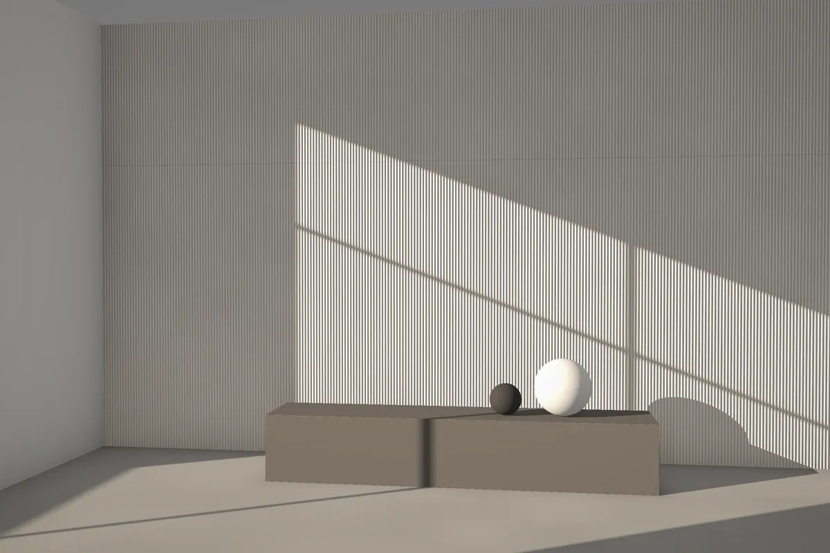 Como fluted stone wall cladding on a feature wall in daylight, visualised in quartzite