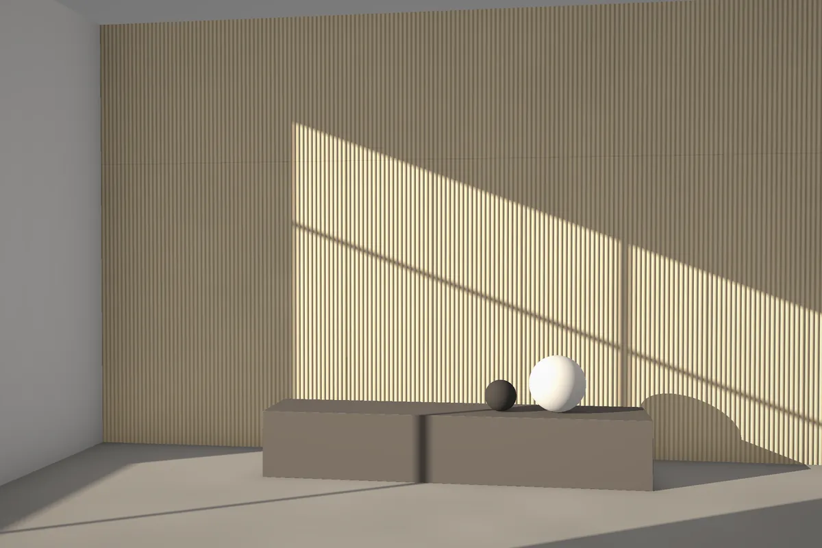 Torino fluted stone wall cladding on a feature wall in daylight, visualised in sandstone