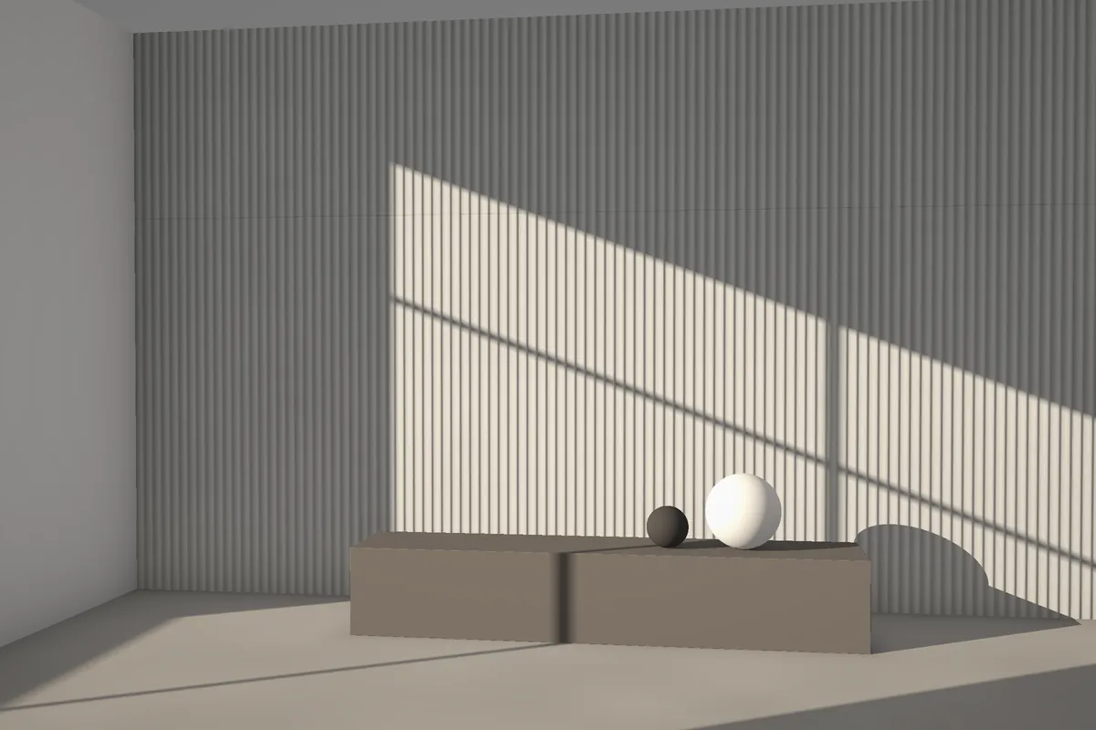 Ogee fluted stone wall cladding on a feature wall in daylight, visualised in grey granite