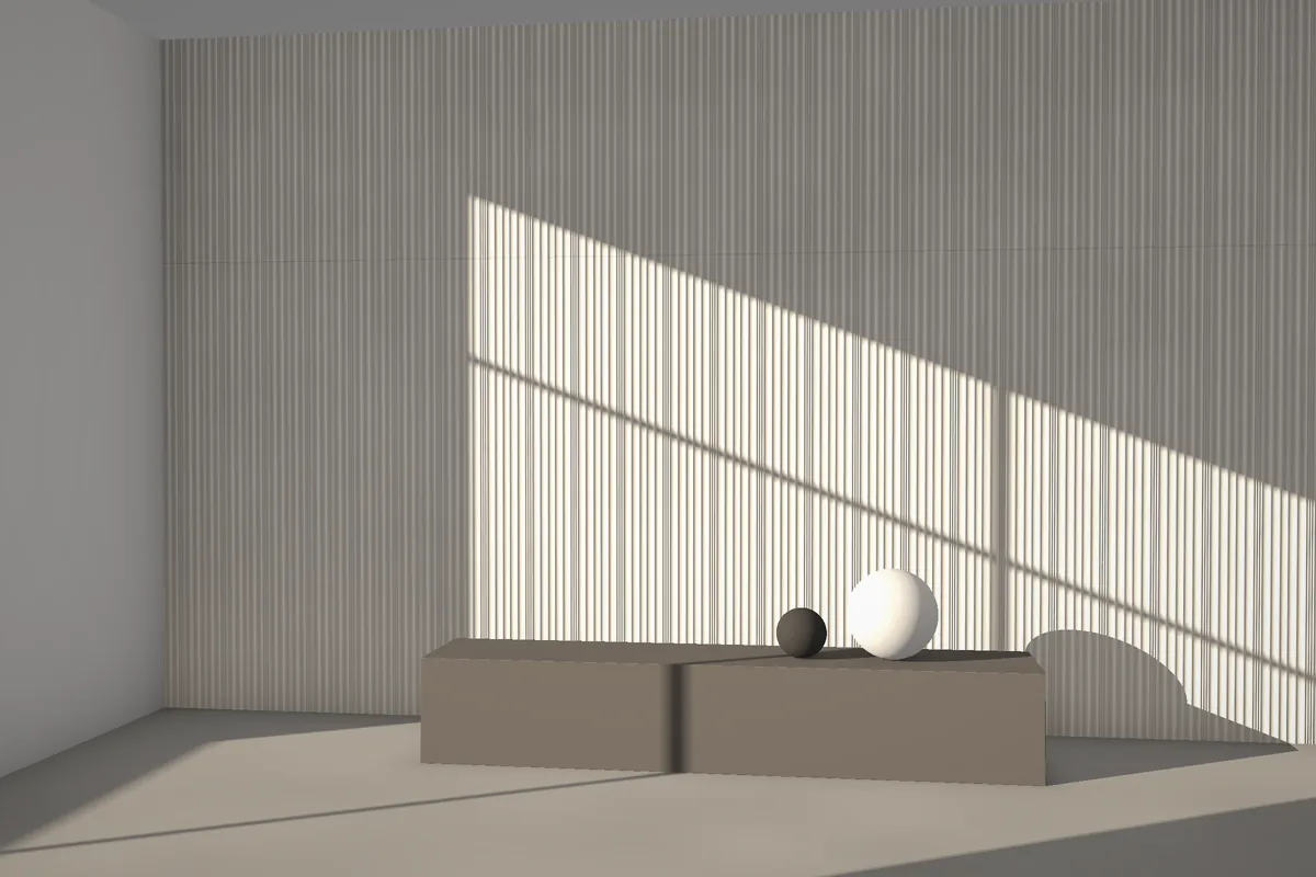 Centre Cluster fluted stone wall cladding on a feature wall in daylight, visualised in quartzite