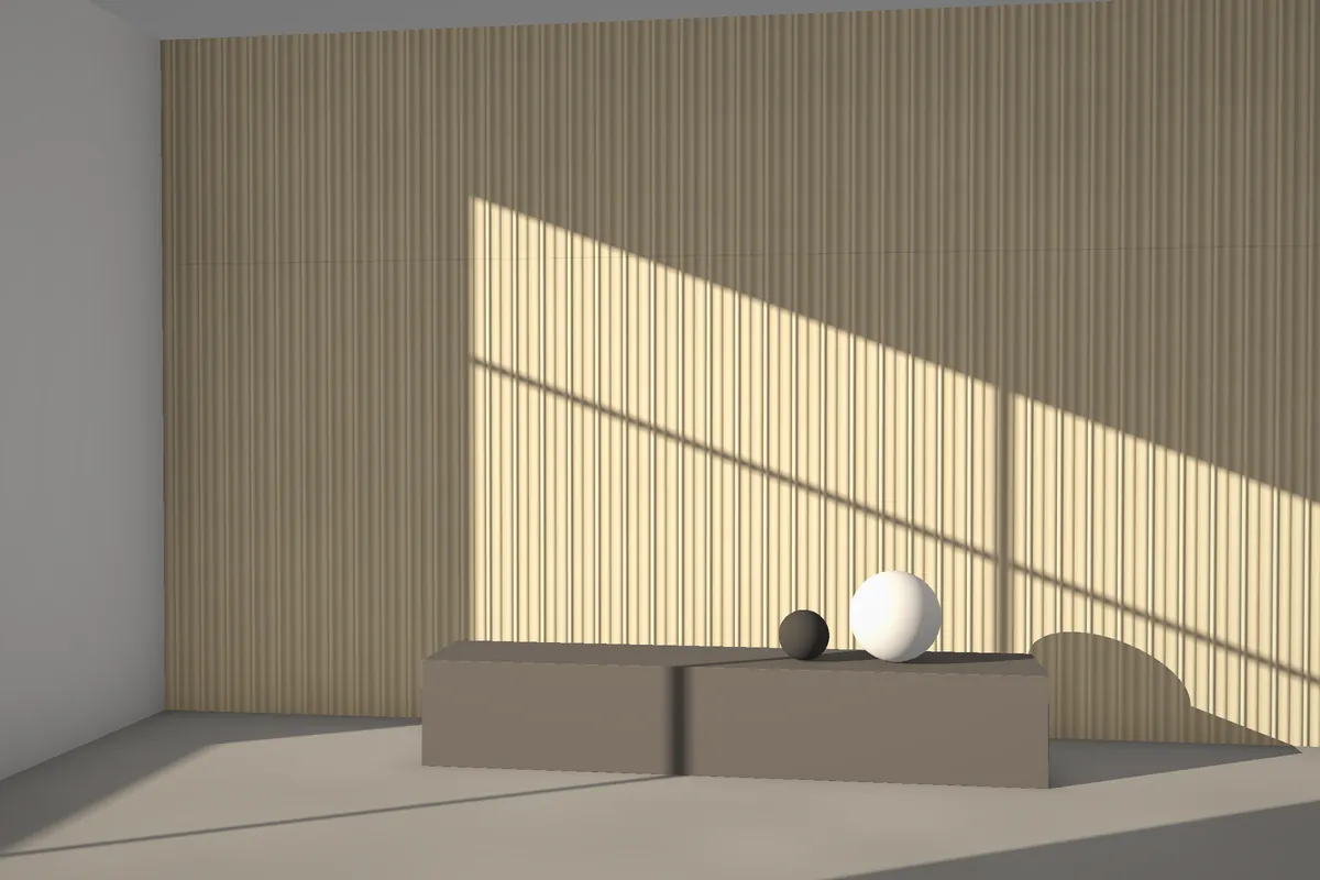Swell & Crest fluted stone wall cladding on a feature wall in daylight, visualised in sandstone