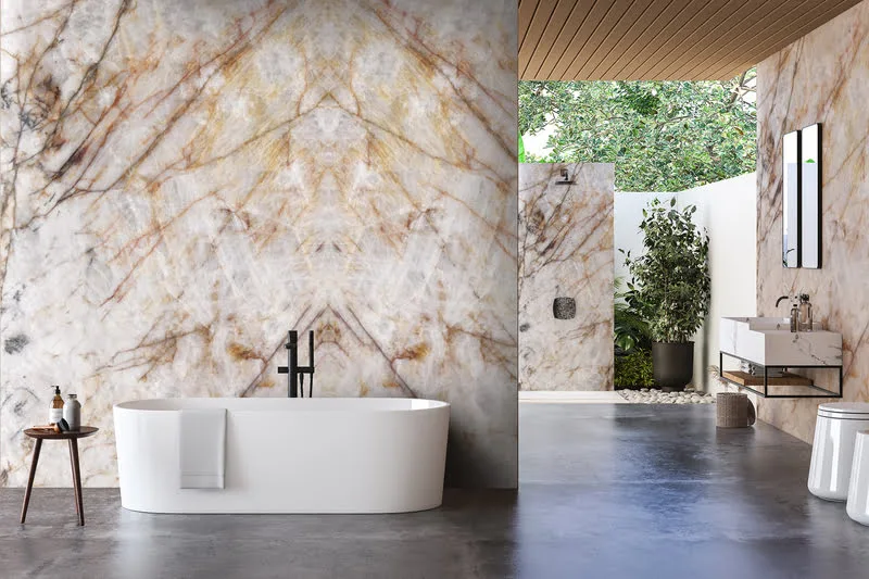 Image: Modern bathroom featuring polished Cristallo Quartzite walls, vanity, and shower surround with distinctive natural veining.