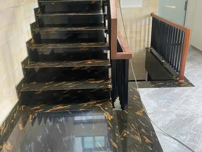 Fish Gold Granite staircase showcasing black granite with gold streaks and flecks—ideal for stylish, durable interior flooring.