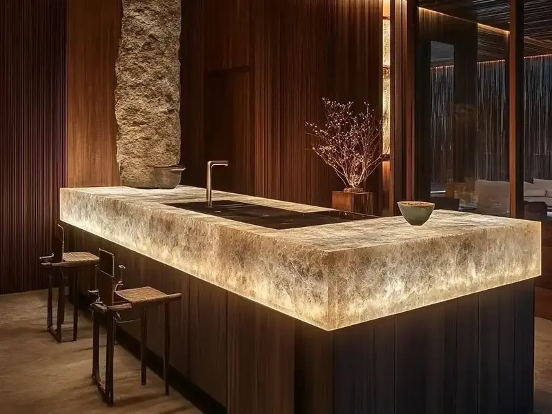 Image: Backlit Cristallo Quartzite countertop showcasing its translucent and luminous quality in a modern kitchen setting.